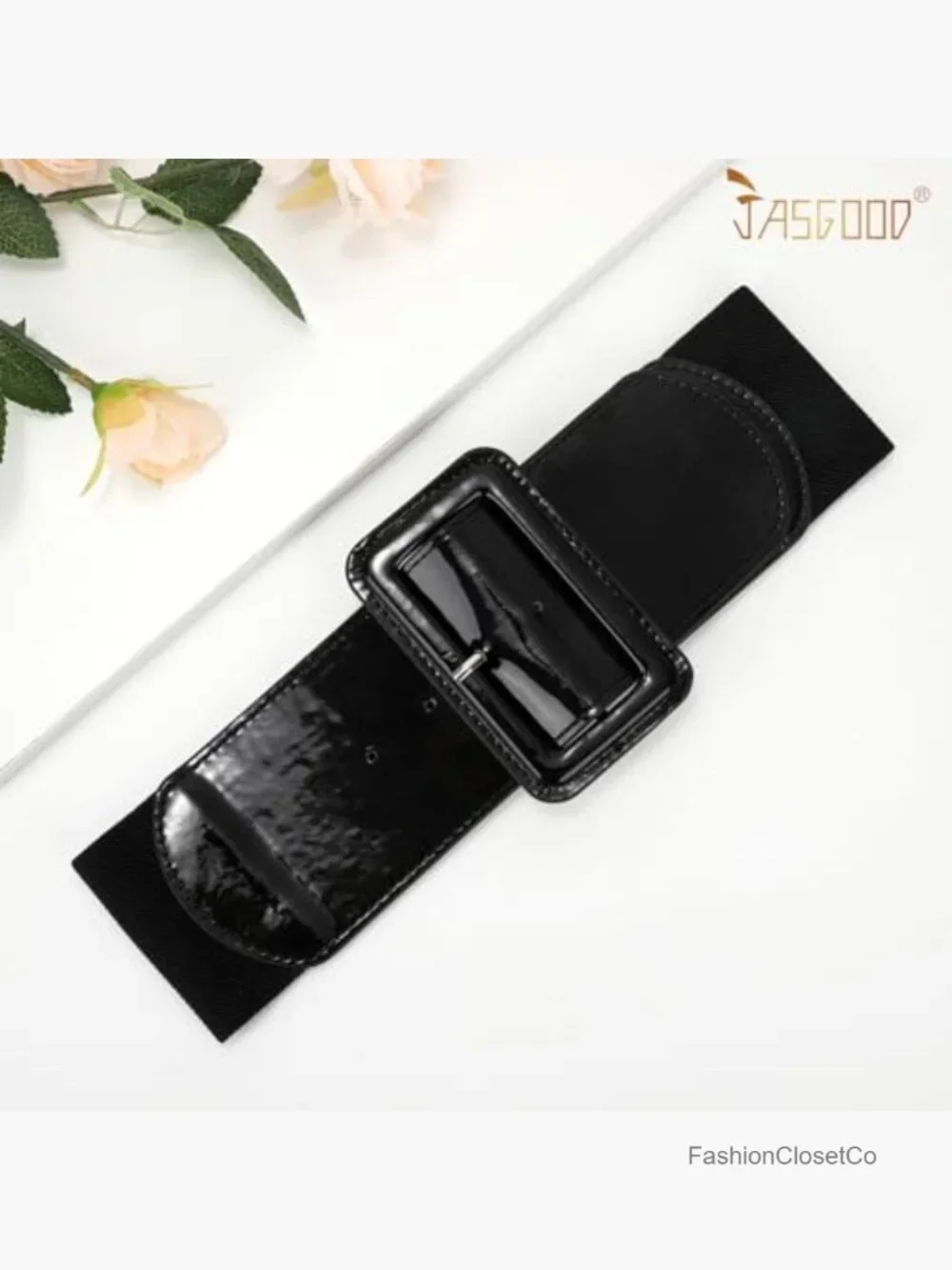 Wide Stretchy Elastic Waist Belt with Patent Square Buckle